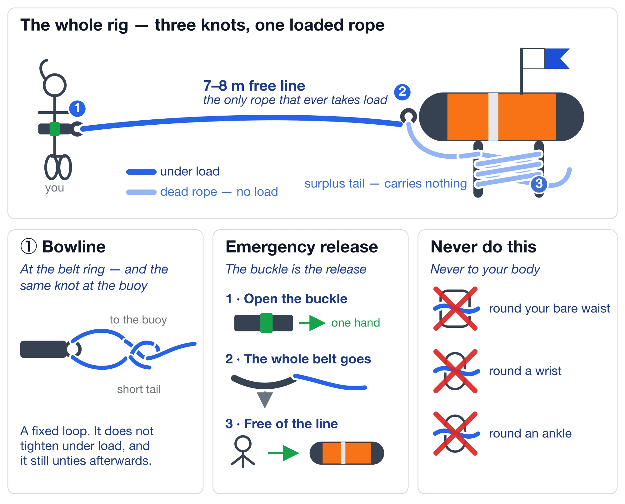 Schematic of the whole rig. A wide top panel traces the rope from left to right: a snorkeler wearing a quick-release belt, knot ① at the belt ring, then 7–8 m of dark blue rope labelled the only rope that ever takes load, then knot ② at the tow ring on the nose of an orange torpedo buoy flying the Alfa flag. From knot ② a pale blue rope — colour-coded as dead rope carrying no load — runs onto the buoy's flank, where it is laced in a figure-eight between two side loops and closed at knot ③. Three panels below: ① the bowline at the belt ring, showing the fixed loop through the ring, the standing part going to the buoy and a short tail; the emergency release in three steps — open the buckle one-handed, the whole belt goes, you are free of the line; and three crossed-out errors — rope round your bare waist, round a wrist, round an ankle.