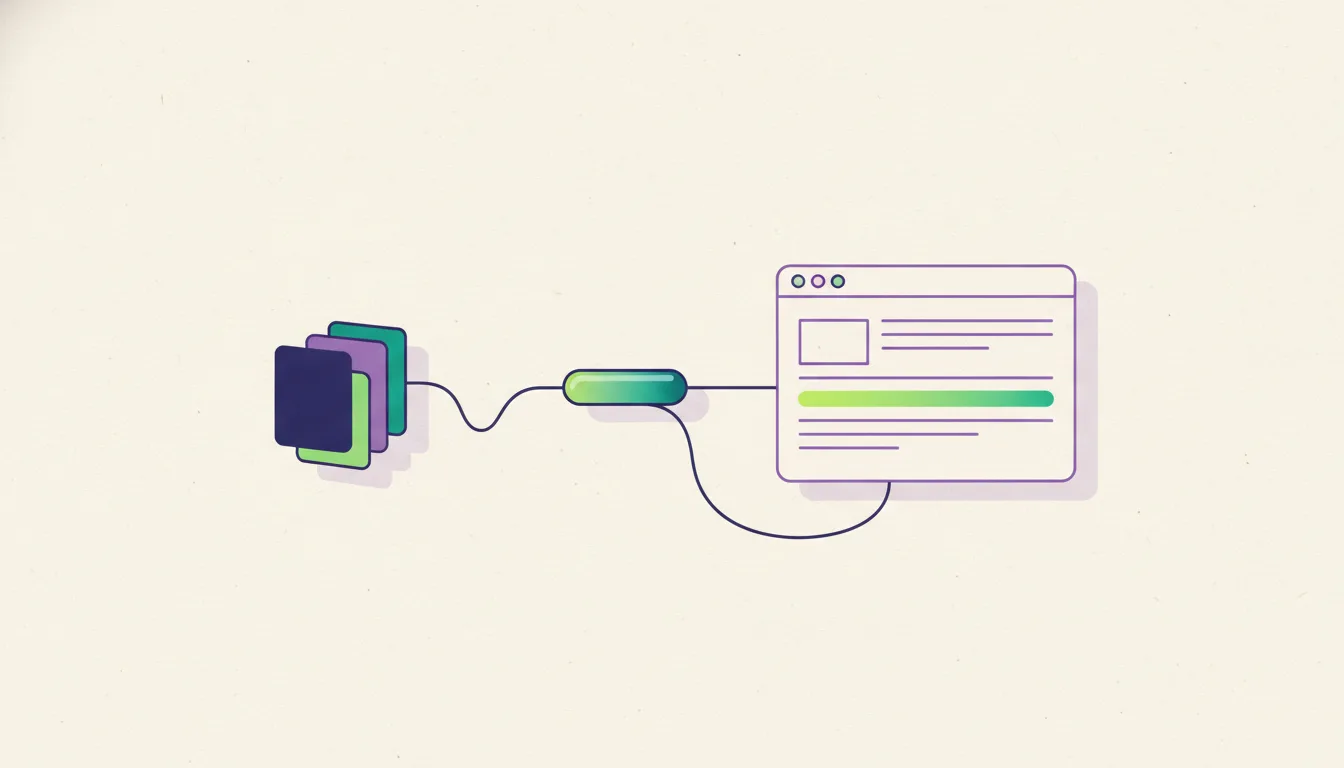 Flat illustration on off-white paper: a stack of indigo, violet and green cards linked by a thin line to a glowing green pill, which is wired to a browser-window wireframe whose highlighted row glows the same green