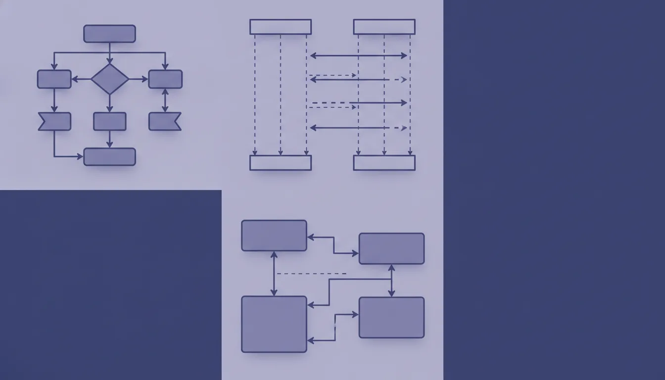 A grid of software engineering diagram types — a flowchart, a sequence diagram, and a box-and-arrow architecture diagram