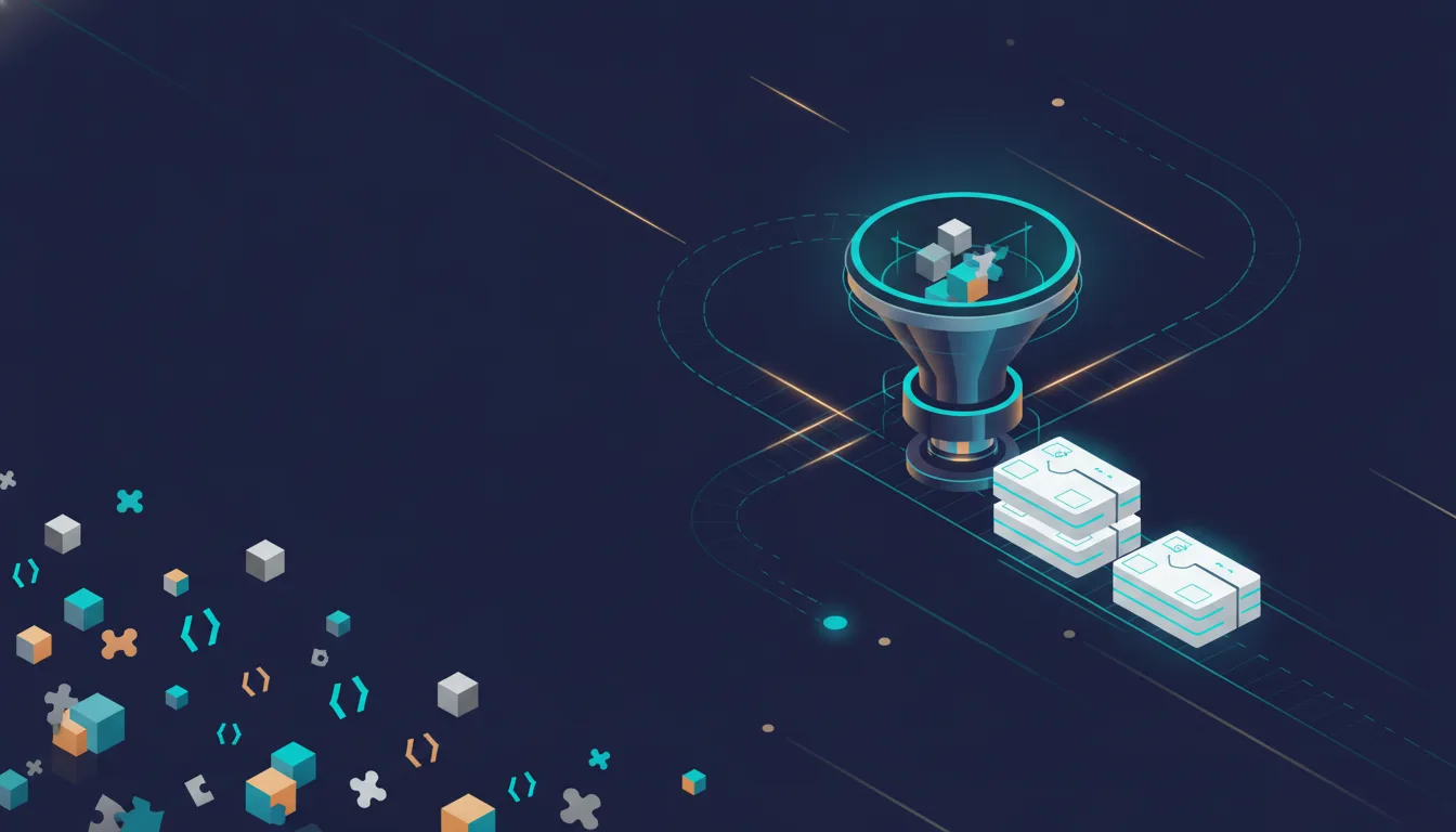 Editorial illustration of scattered code modules flowing along conveyor belts into a funnel that outputs a few neat, bundled packages