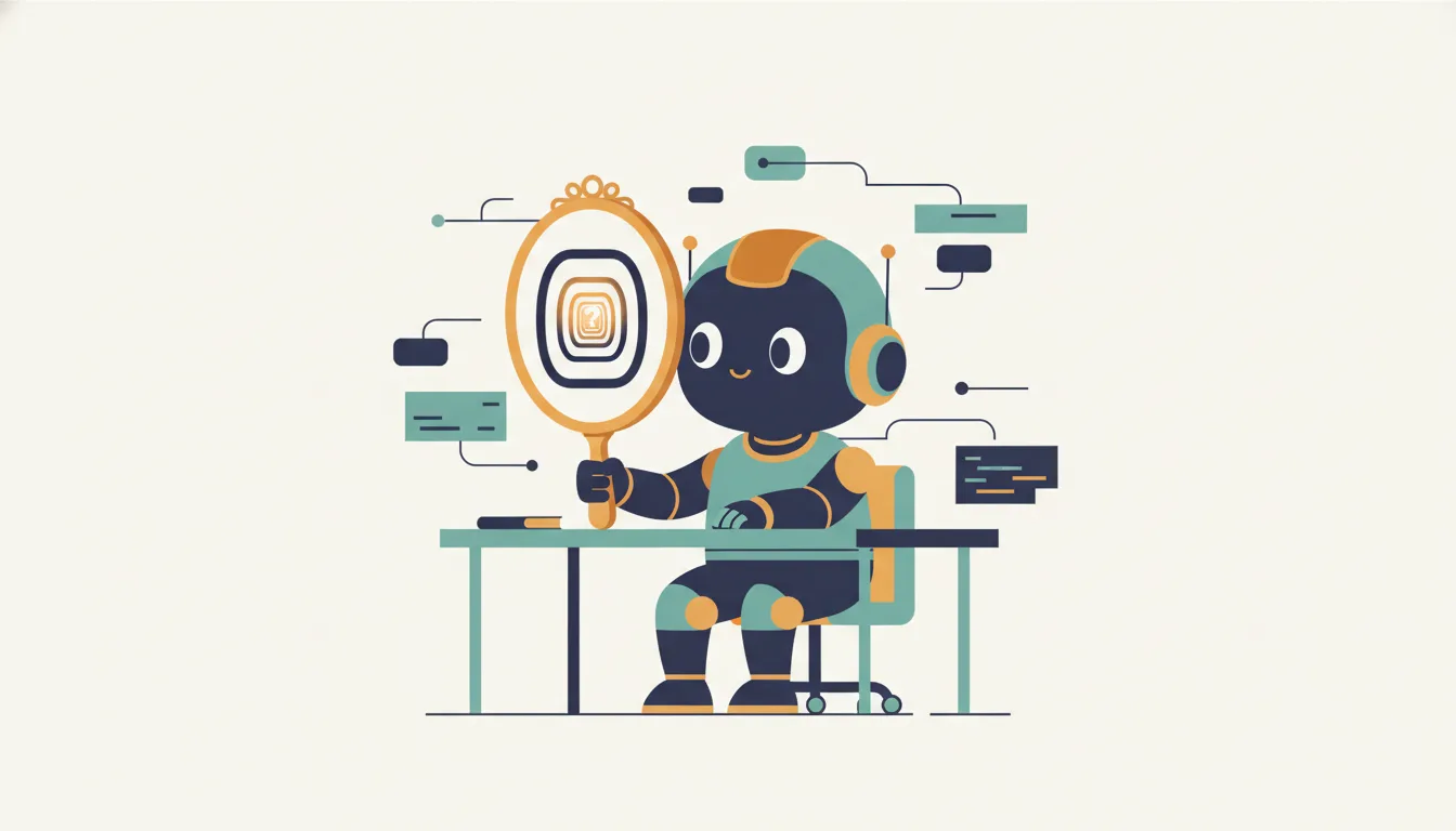 A small robot at a desk holds up a hand mirror. Inside the mirror, frames repeat smaller and smaller around a question mark. Blocks of code float around the robot.