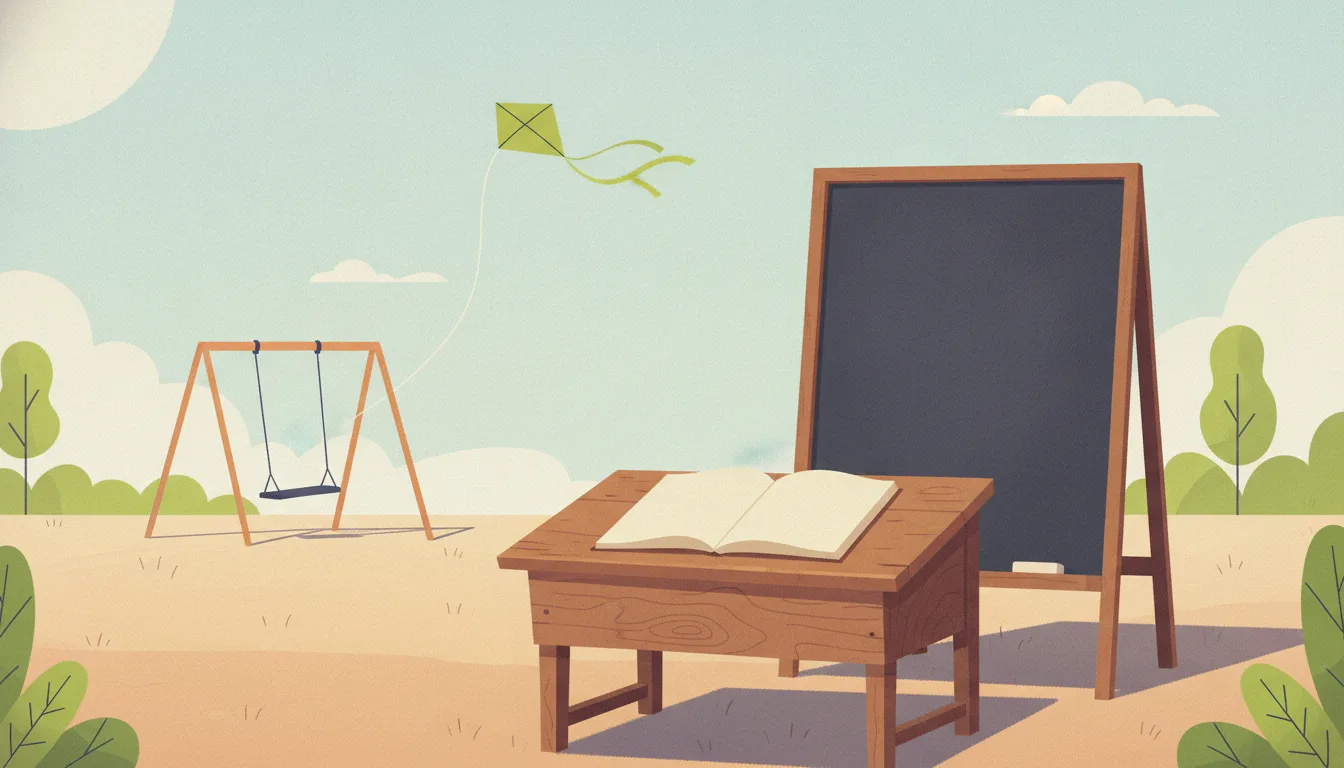 An old wooden school desk with a blank open notebook stands in a sunlit schoolyard beside an empty chalkboard, while a swing and a lime-green kite fill the playground behind it