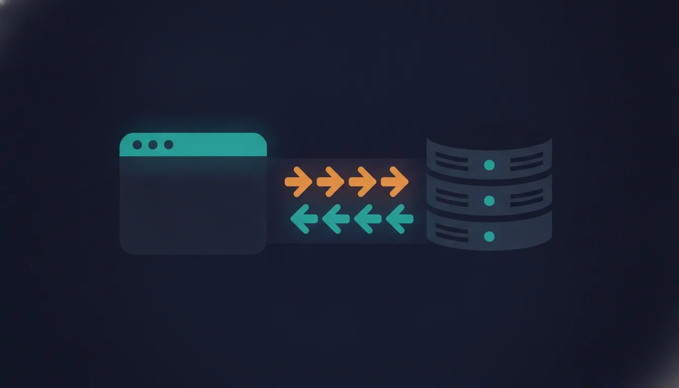 A browser window on the left and a server on the right joined by a broad channel carrying amber arrows flowing right and teal arrows flowing left at the same time, showing full-duplex two-way traffic