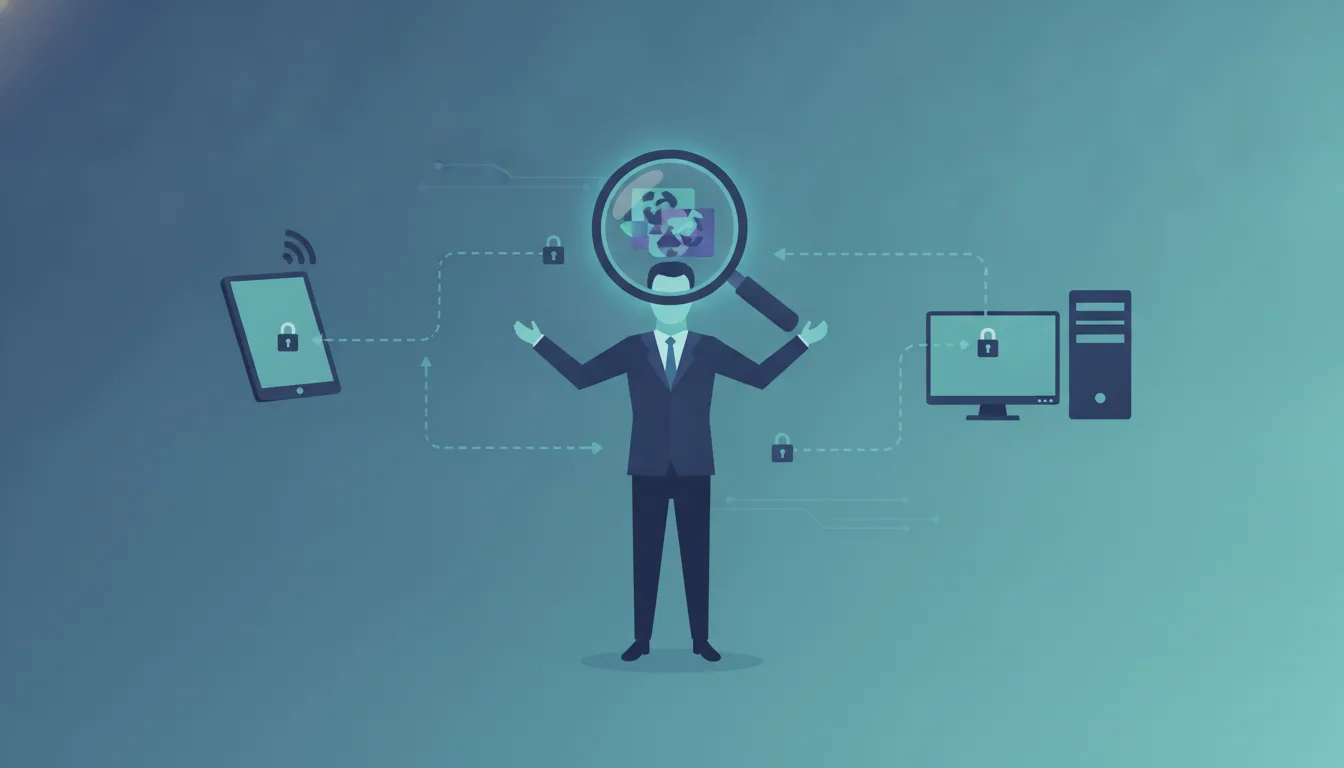 A man-in-the-middle proxy intercepting encrypted traffic between two devices through a central magnifying inspection point ringed by padlocks