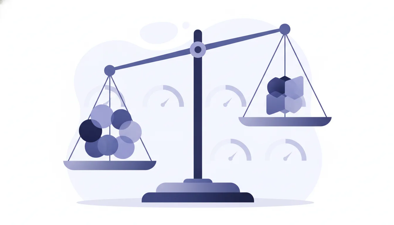 A balance scale weighing clustered spheres against stacked cubes, with faint gauges behind, in indigo