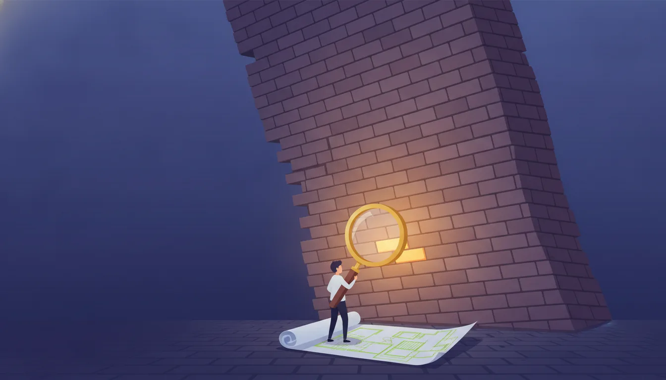 A small figure inspects a single glowing brick through a large magnifying glass while the whole brick tower above leans badly out of true; an architectural blueprint lies unrolled and ignored under their feet