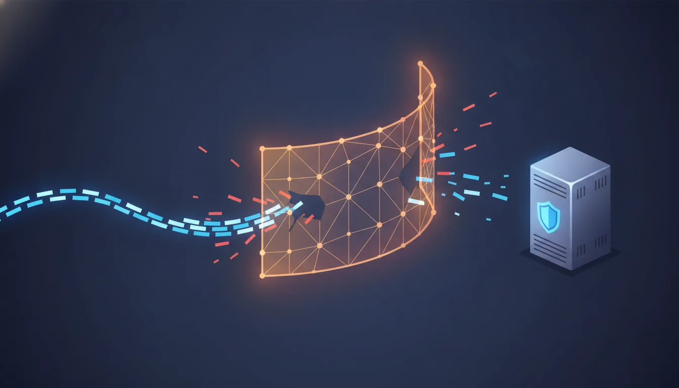 Editorial illustration of a request being intercepted and filtered at a global edge network before reaching an origin server