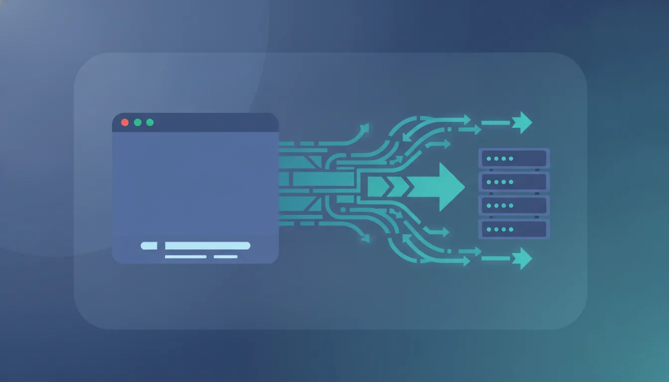 A terminal window with a data stream flowing out to a rack of servers, illustrating curl moving requests and responses between a machine and a server