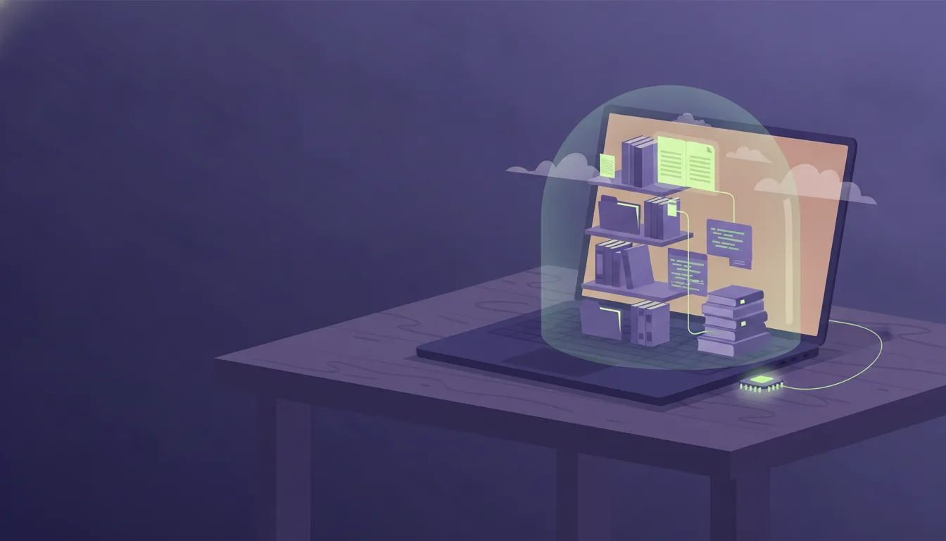 An open laptop on a wooden desk at dusk, with a small library of books, folders and code files rising from its screen under a glass dome; a thin lime-green thread of light runs from a highlighted page to a glowing chip beside the laptop, while clouds drift past outside the dome