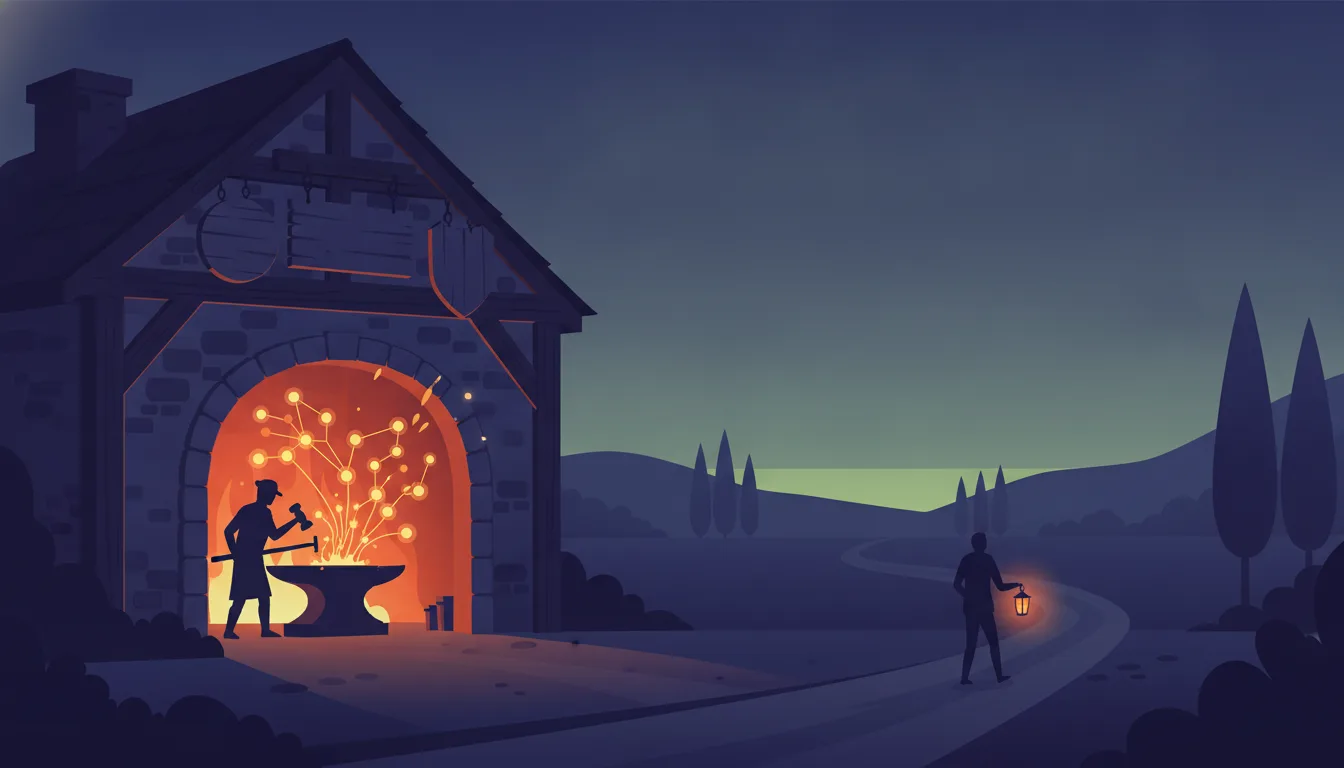 A stone blacksmith's forge at dusk: inside, a smith hammers a glowing graph of branching commit nodes on the anvil, blank ownership signs hang above the door, and a lone figure walks away down the road carrying only a small lantern