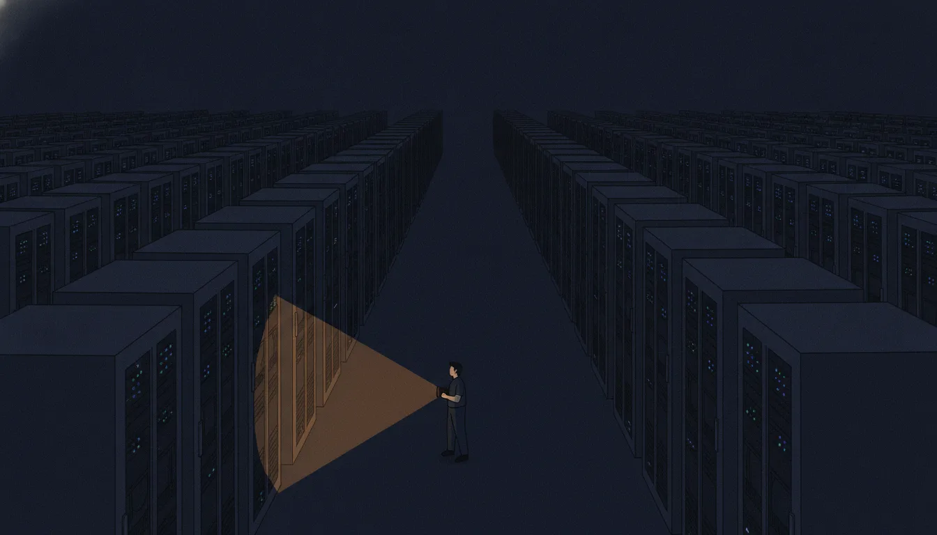 A vast, dimly lit machine hall seen from above: thousands of identical racks stretching to the horizon, and in the foreground a single person holding a torch that lights only the nearest few metres