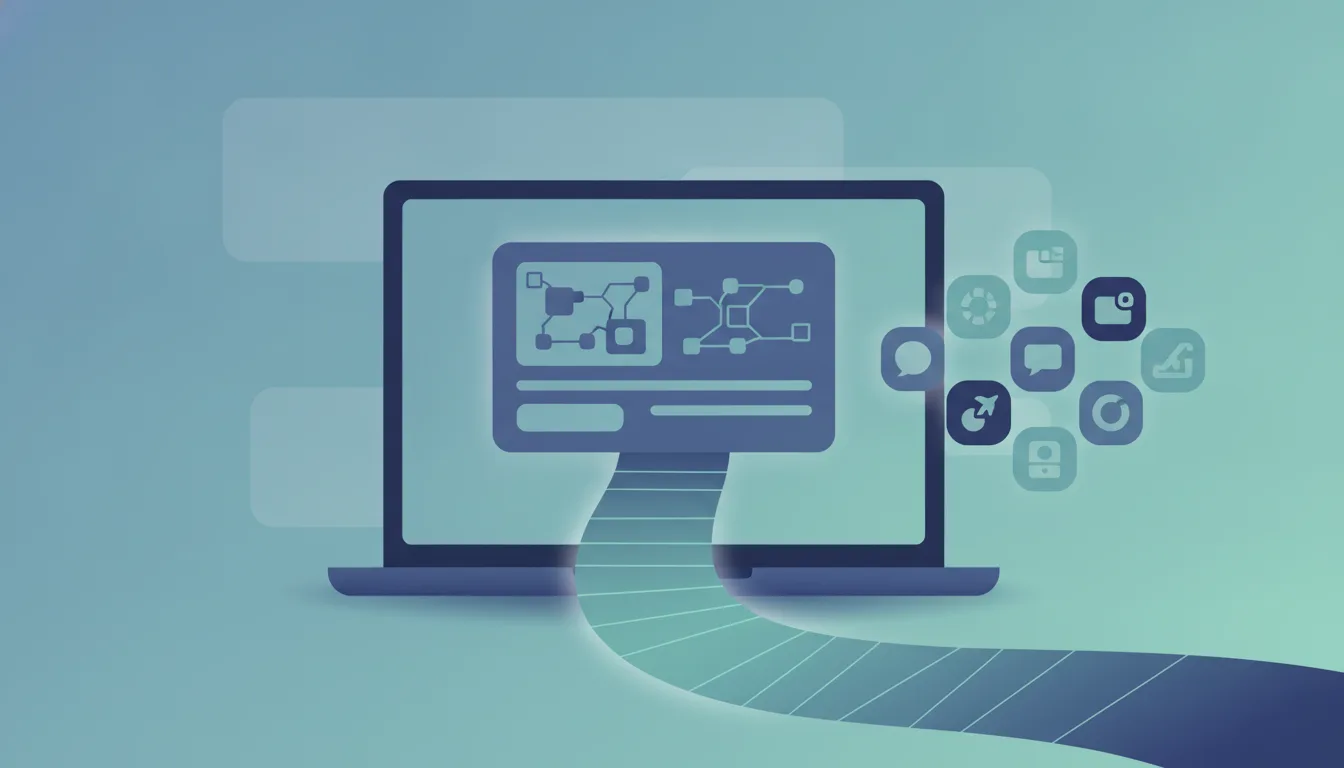 A social link-preview card being checked on a laptop before publishing, joined by a local tunnel to social platform icons