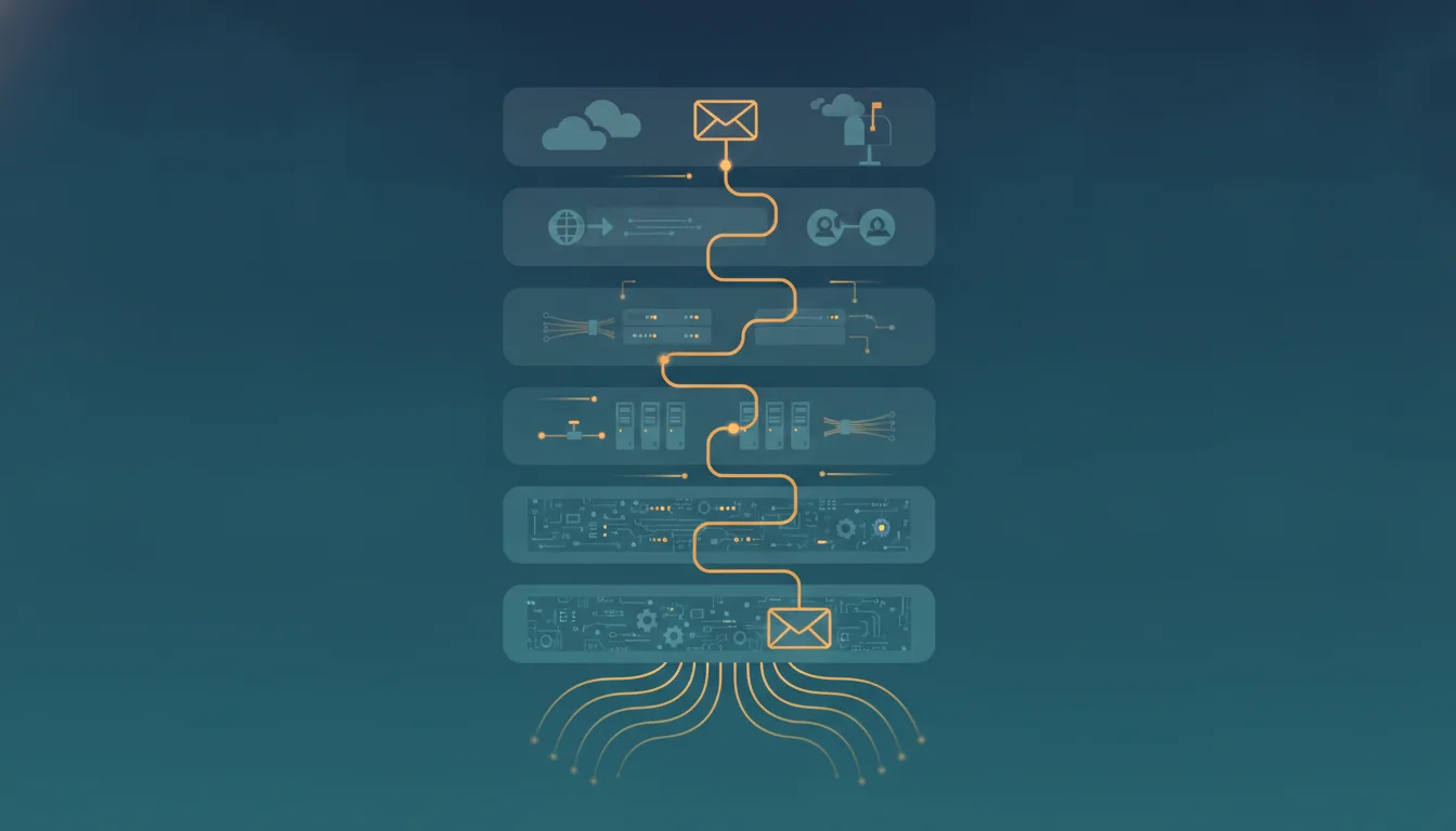 A stack of translucent network layers with an envelope-shaped data packet travelling down through them toward physical cables and radio waves
