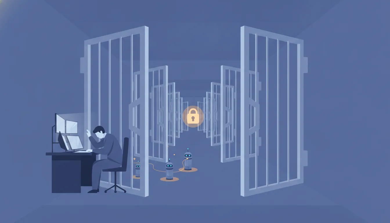 A long row of open gates guarded by a single distracted gatekeeper waving everything through
