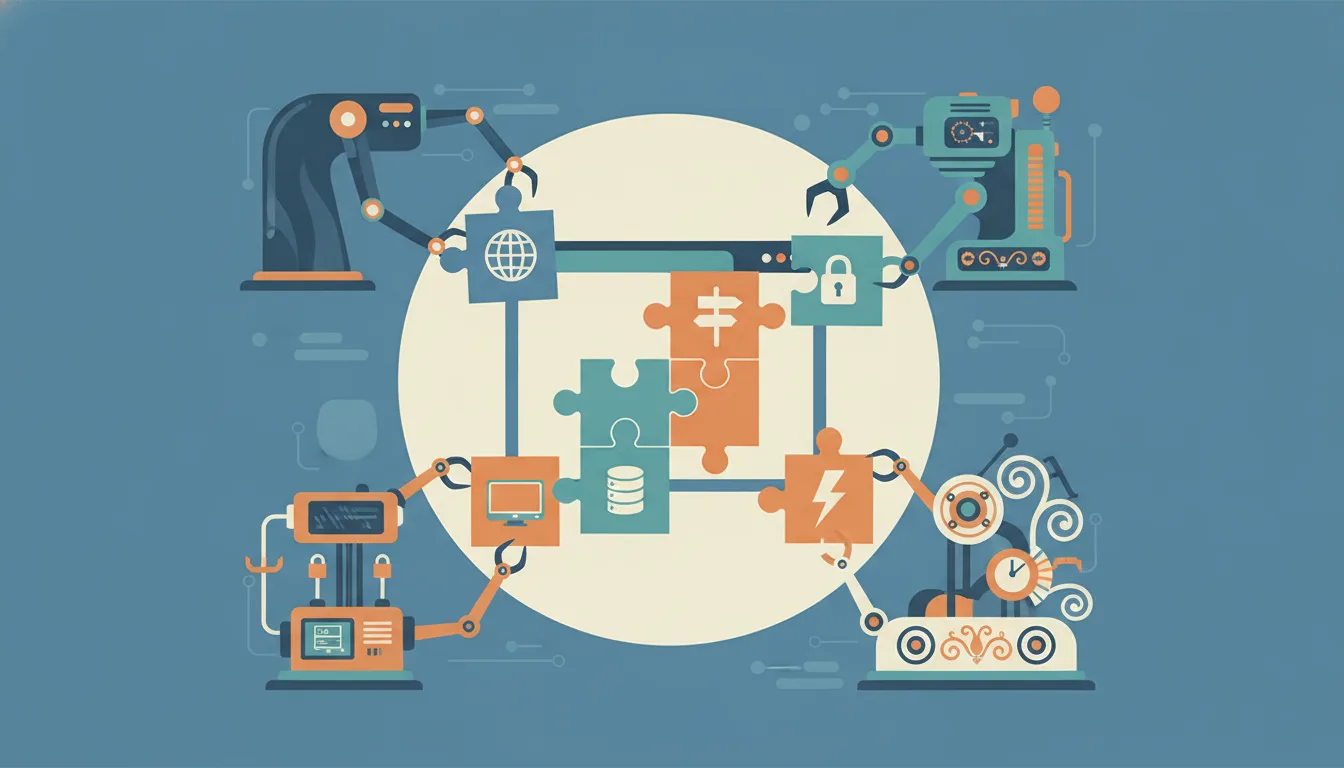 Four different robotic machines, each in its own style, assembling the same puzzle pieces into a browser window; the pieces show a globe, a signpost, a screen, a database, a lightning bolt and a padlock