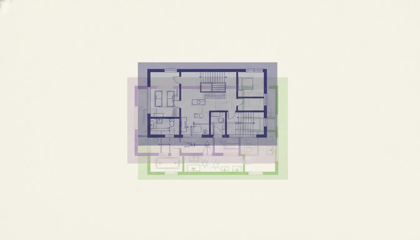 Three translucent architectural plans of the same small building — indigo, violet and lime — stacked and slightly offset on off-white paper, each a different drawing of one house