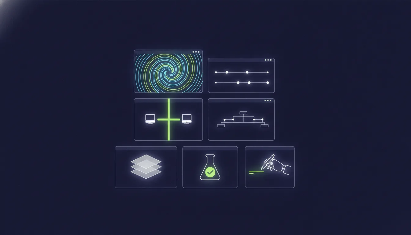 Seven glowing browser windows on a dark indigo background arranged in three rows: a spiral waveform and a dotted timeline on top, two computers joined by a lime cross and a small tree diagram in the middle, and stacked layers, a flask with a green check mark and a robotic hand holding a pen at the bottom