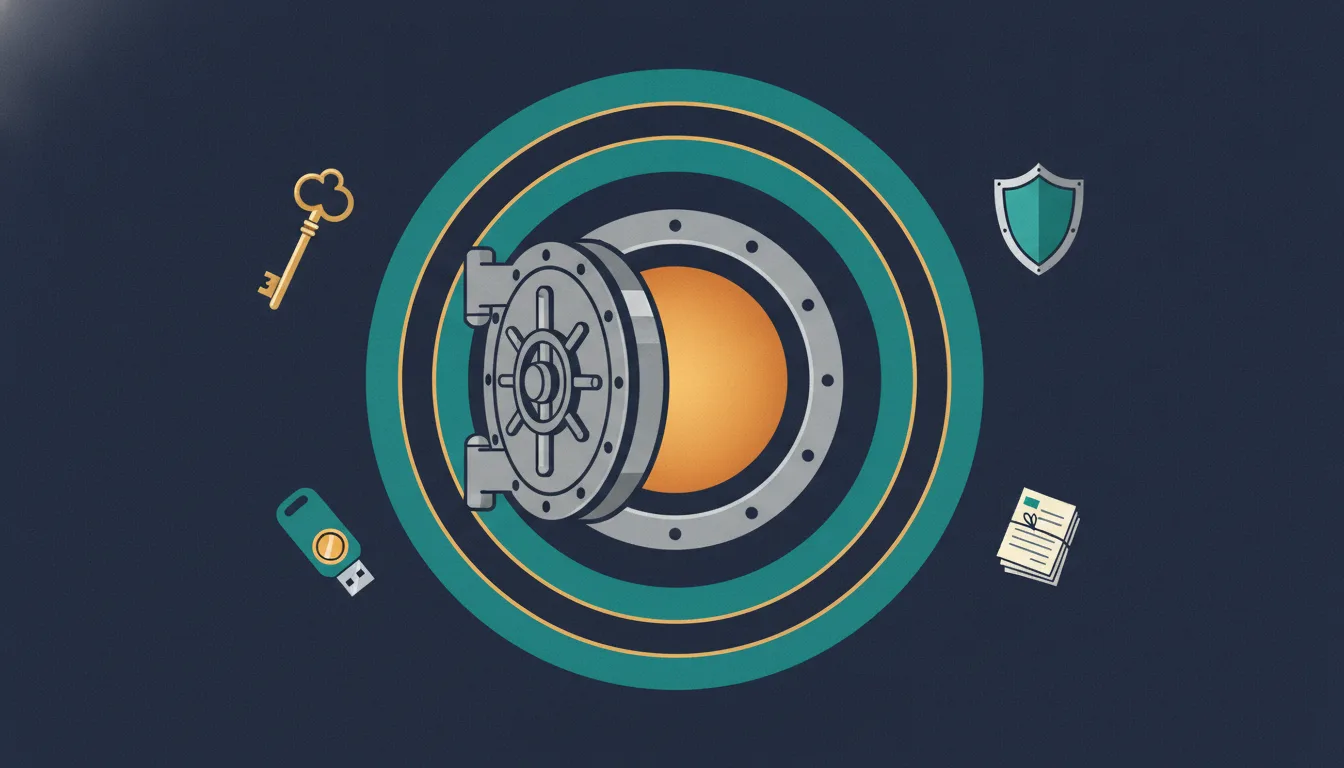 An open vault door surrounded by protective rings, keys, a shield and paper backup codes