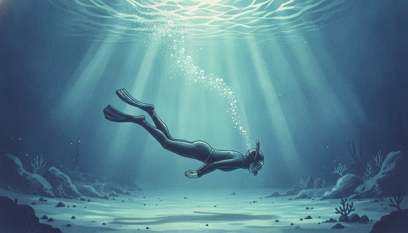 A snorkeler duck-diving toward the seabed through blue-green underwater light, snorkel trailing from the mouth and bubbles rising to the surface