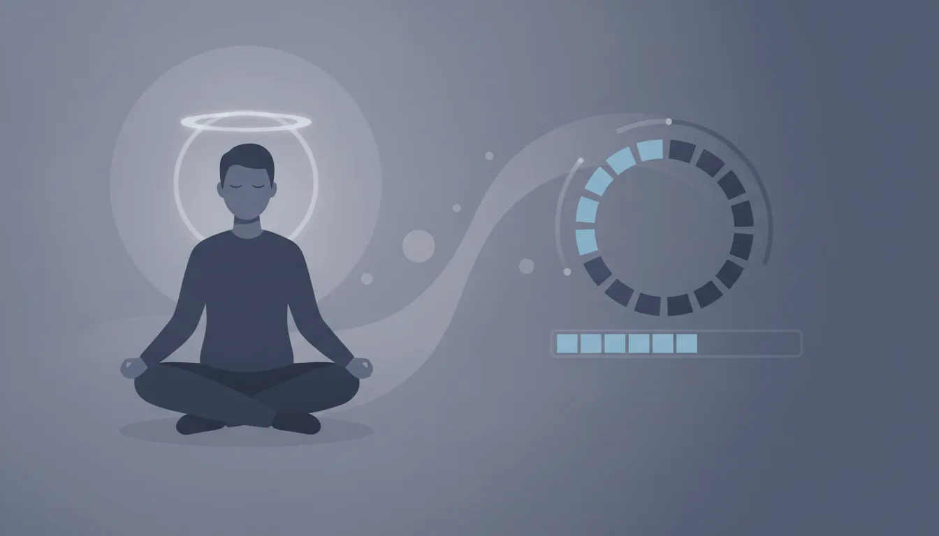 A developer sitting calm and focused beside a running progress spinner and build bar, in a muted indigo palette