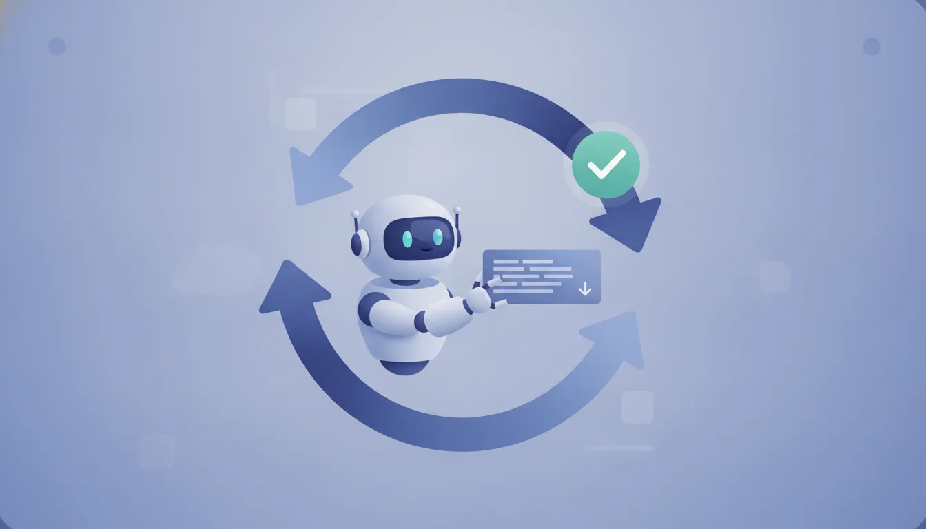 A robot assistant opening a pull request while a review checkmark cycles back along a git branch