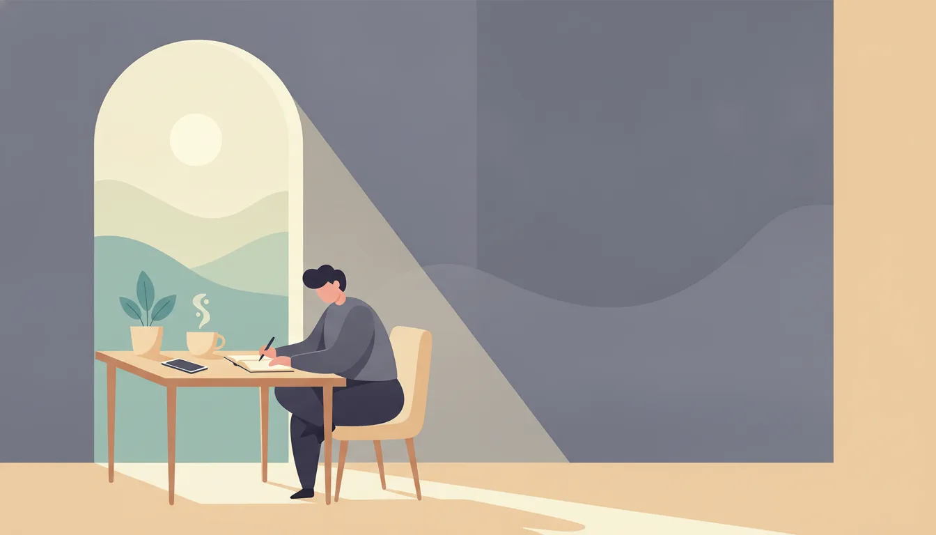 A person sitting in calm, unhurried focus at a sunlit desk, phone face-down and switched off beside a plant and a cup of tea, in a muted indigo and cream palette