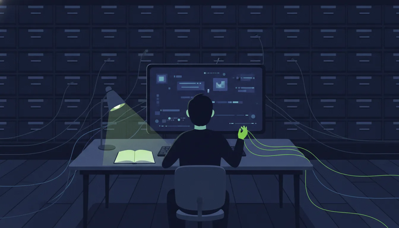 A person at a terminal desk picking up one of several luminous threads that trail from the keyboard back into a dark archive of drawers; the chosen thread glows brighter than the others, and a paper notebook lies open beside the keyboard