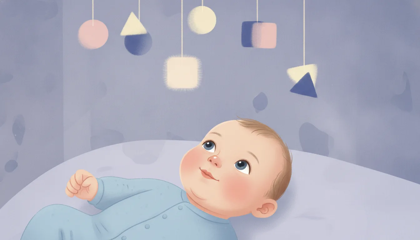 An infant gazing up at a mobile of simple shapes that shift from blurry to sharp, in a gentle pastel and muted indigo palette