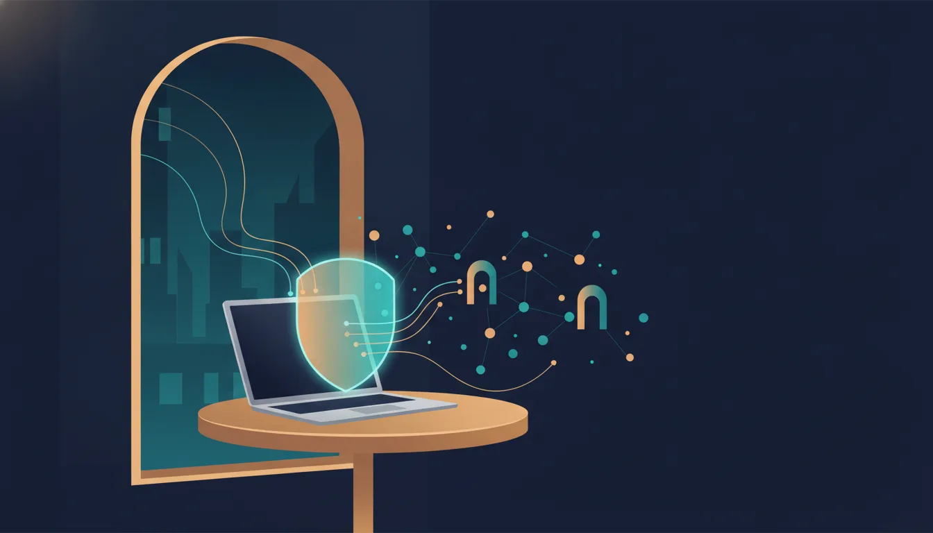 A laptop on a round café table with a glowing shield in front of its screen. Lines of light come in through an arched window and stop at the shield, and lines going out pass two small gates on their way to a network of connected dots.