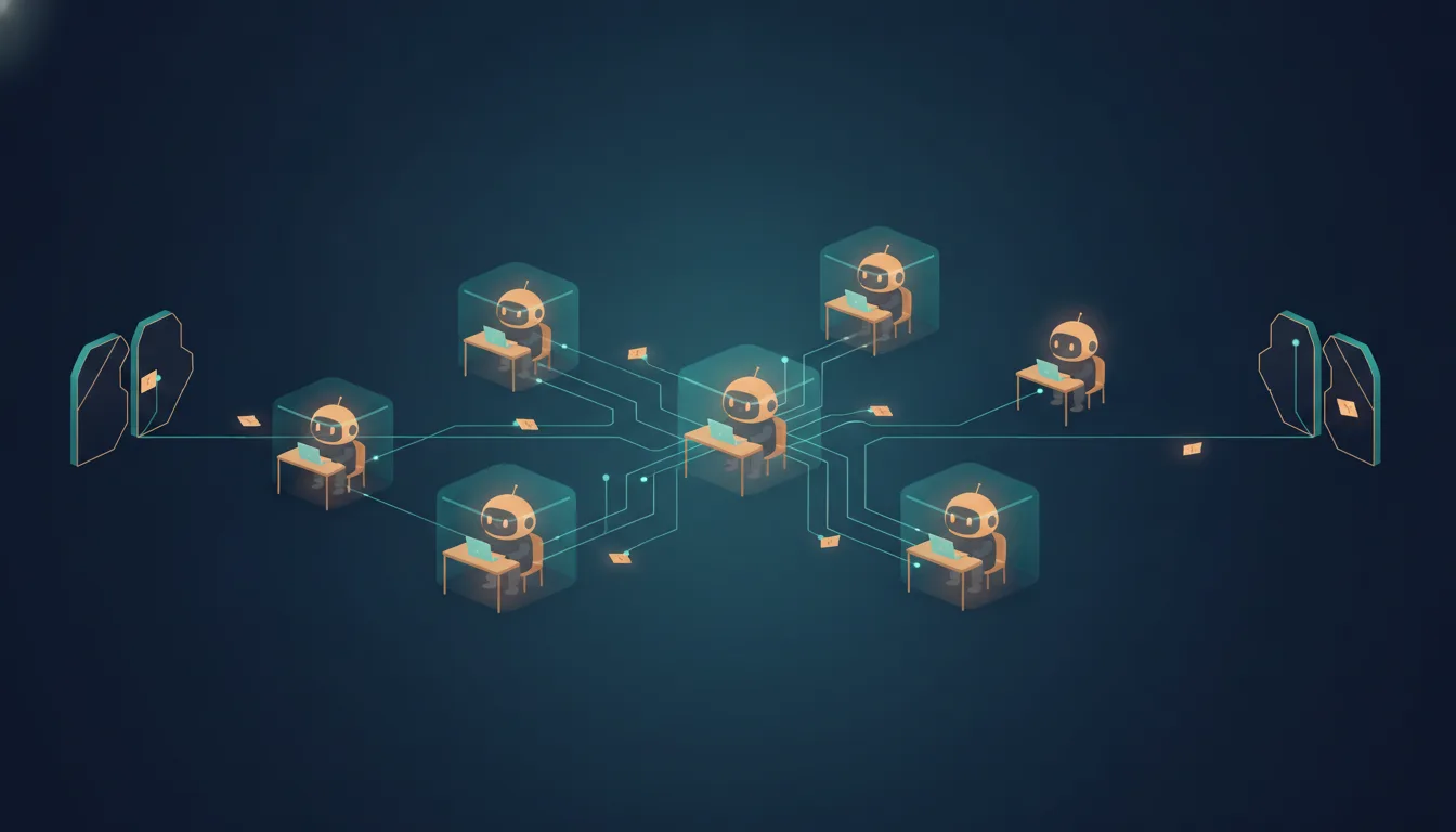 Seven small robots work at desks on a dark blue background. Six of them sit inside glass cubes and one does not. Glowing lines carry small notes between them, and the lines that lead away from the group end at closed gates on both sides.