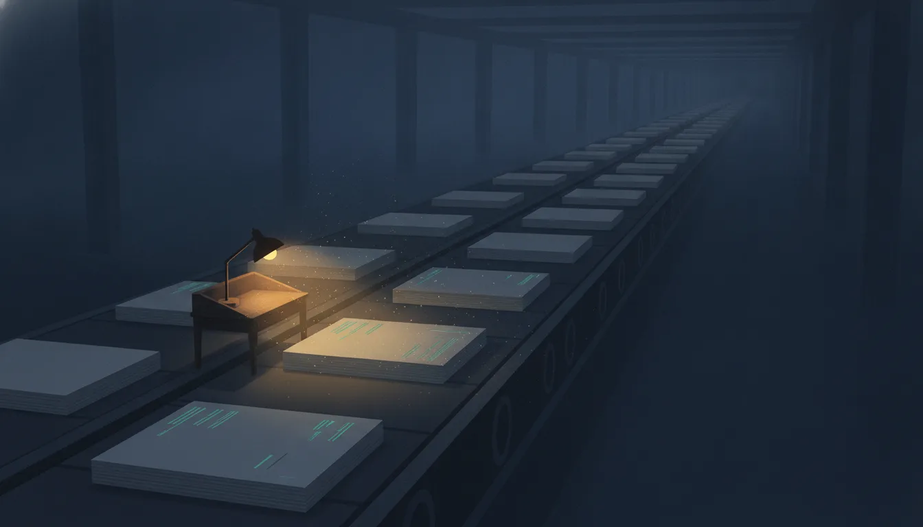 A conveyor belt of identical pale grey slabs, each a stack of code diffs, running away into a dim indigo hall and vanishing in haze. One small wooden desk with a lit amber lamp sits beside the belt; only the two or three slabs inside its pool of light show any teal annotation marks. Every other slab passes untouched into the dark.