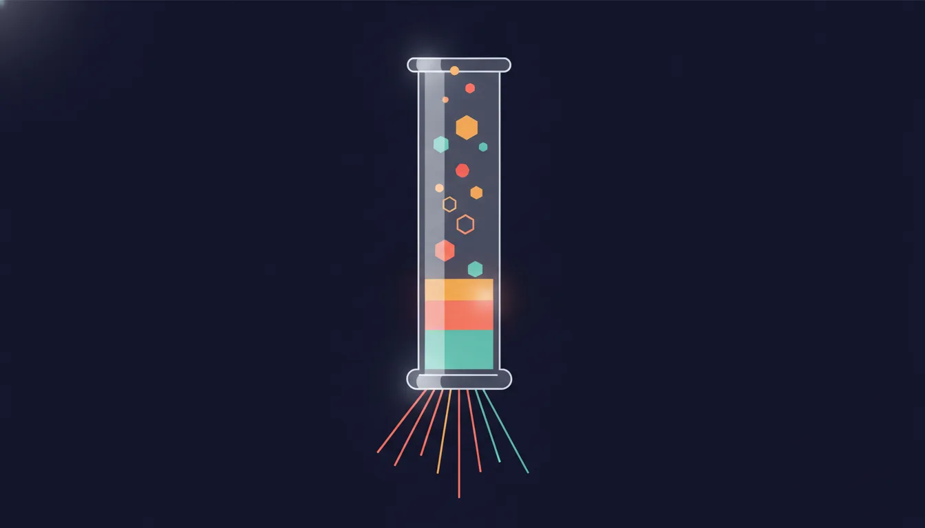 Editorial illustration of a glass chromatography column separating colorful aroma molecules into sorted bands