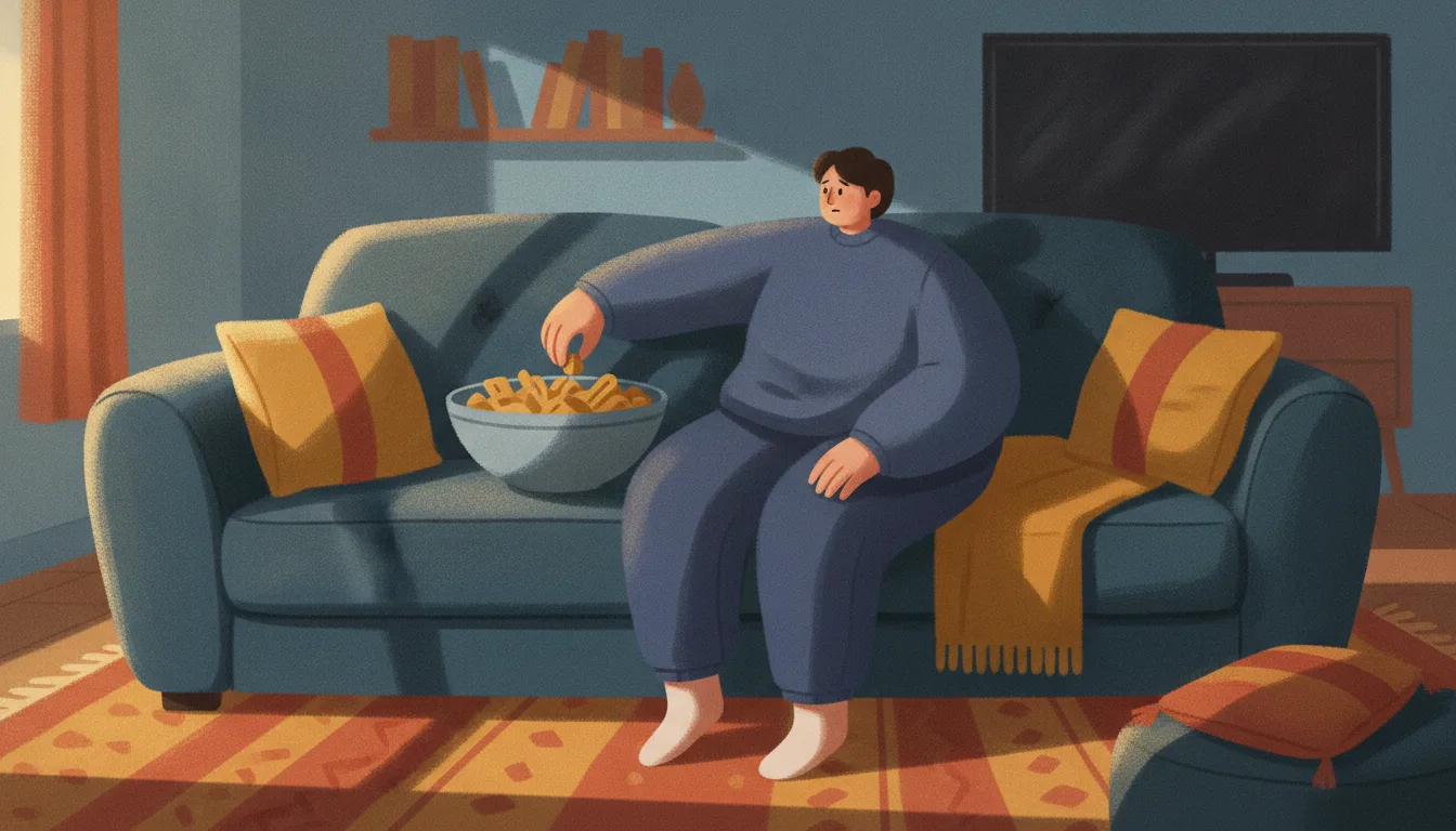 A person absently reaching into a snack bowl while idle on a couch, capturing the wistful mood of eating out of boredom