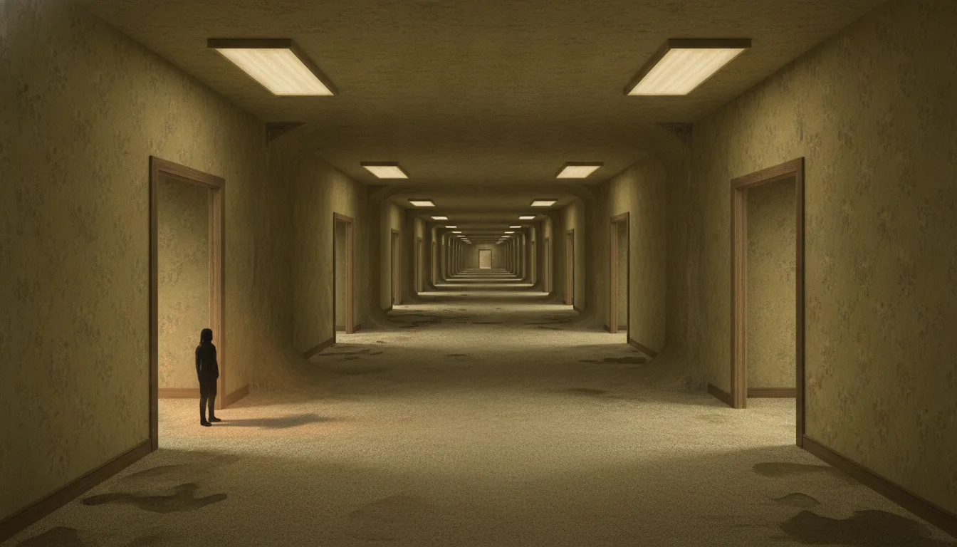 An endless maze of empty yellow rooms under flat fluorescent light, with a single doorway glowing at the far end