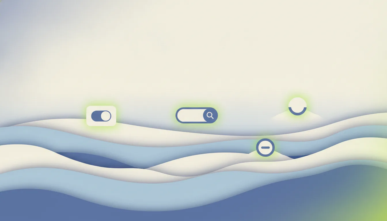Flat illustration of a calm sea made of layered paper waves in cream and indigo, with a few small interface elements — a toggle switch, a search bar and two round buttons — floating on it like islands, each glowing lime green