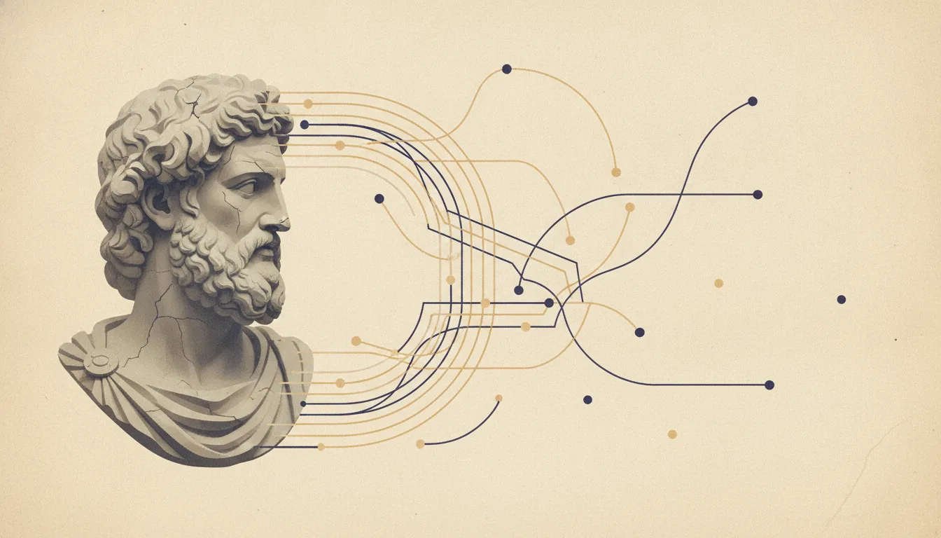 A classical marble bust in profile dissolving into flowing lines and constellation-like dots, suggesting ideas spreading across centuries