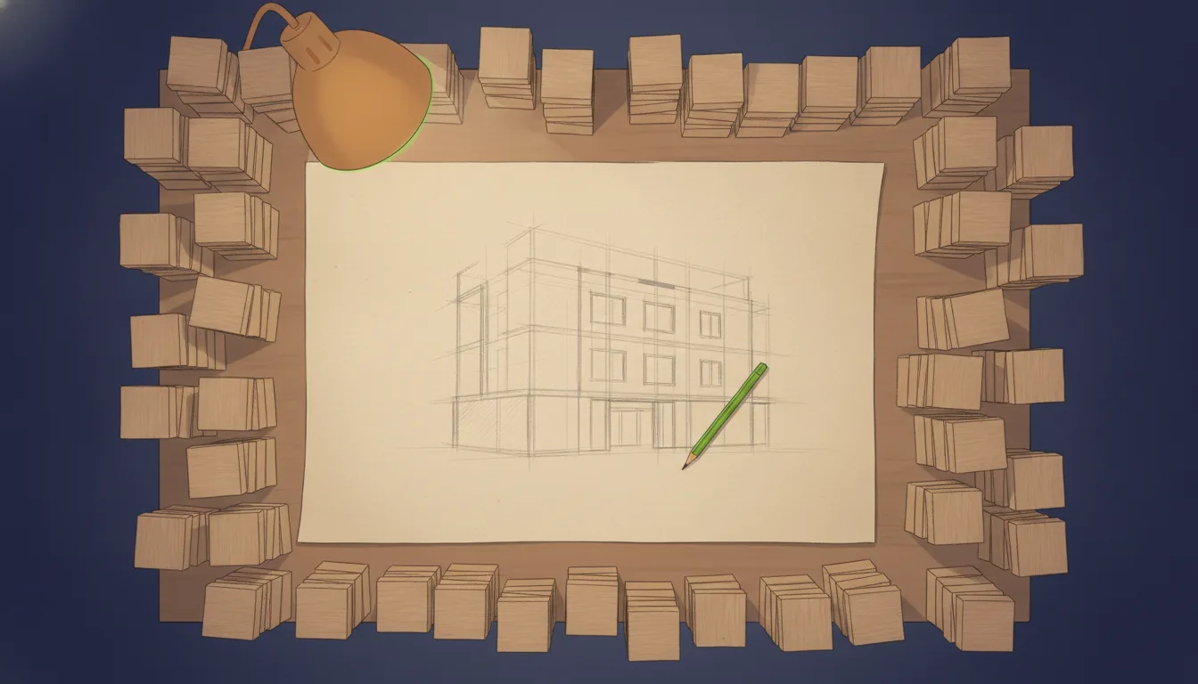 An architect's desk seen from above, lit by a single lamp. Dozens of small, perfectly cut building blocks are stacked in neat piles along the edges, while in the centre a single hand-drawn plan of the whole structure is only half finished, pencil still resting on it.