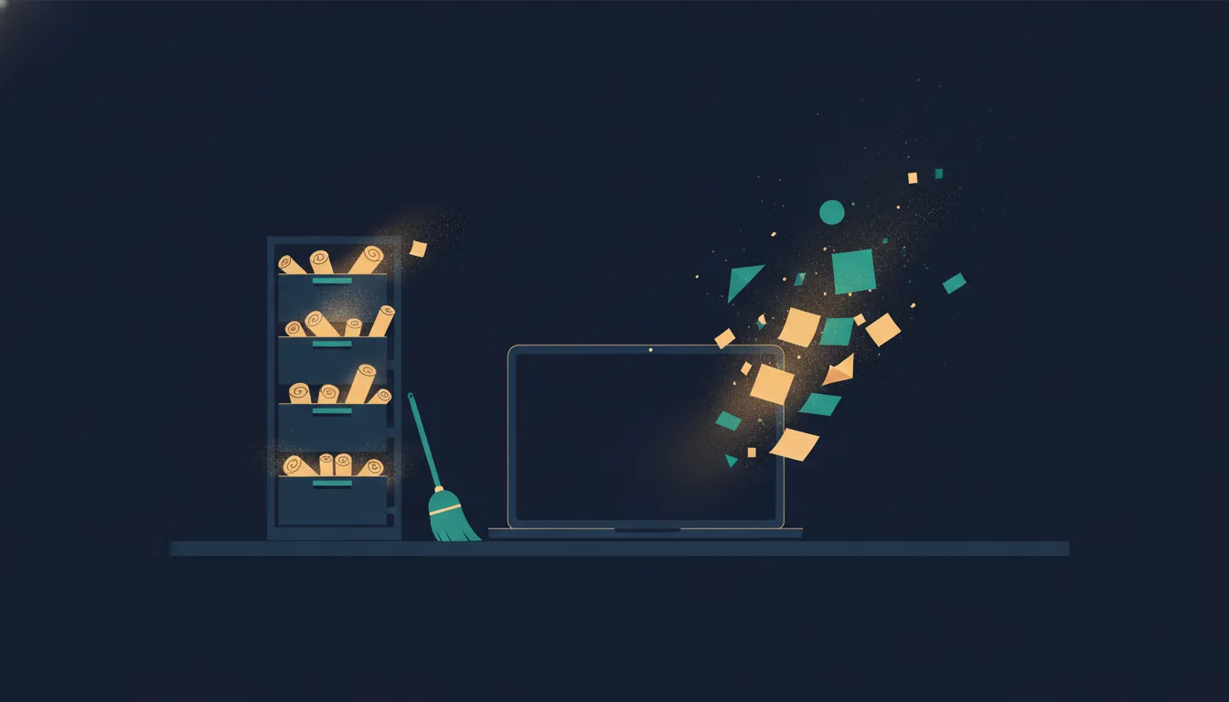 A dark desk with an open laptop in the middle; on the right, paper scraps float up and dissolve into dust, and on the left a filing cabinet keeps its drawers full of glowing paper scrolls, with a small broom leaning against it