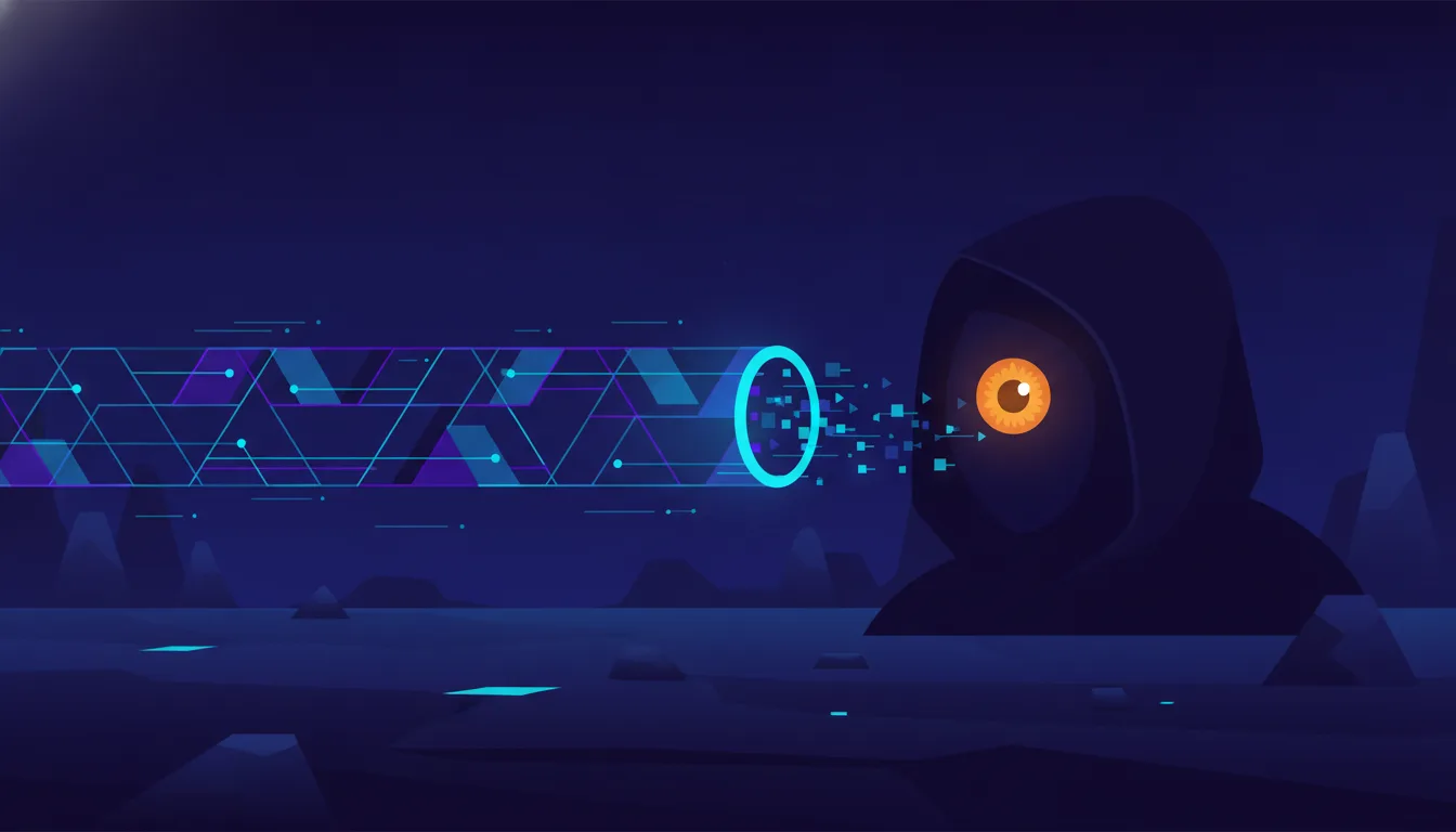 A stream of encrypted data flows through a glowing tunnel, but a hooded figure with a single amber eye watches quietly at the point where the traffic emerges