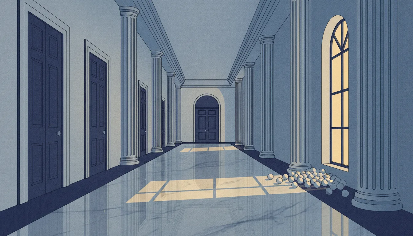 A long marble corridor of government offices where the floor tilts almost imperceptibly to one side, so that everything set down on it drifts slowly toward the same wall