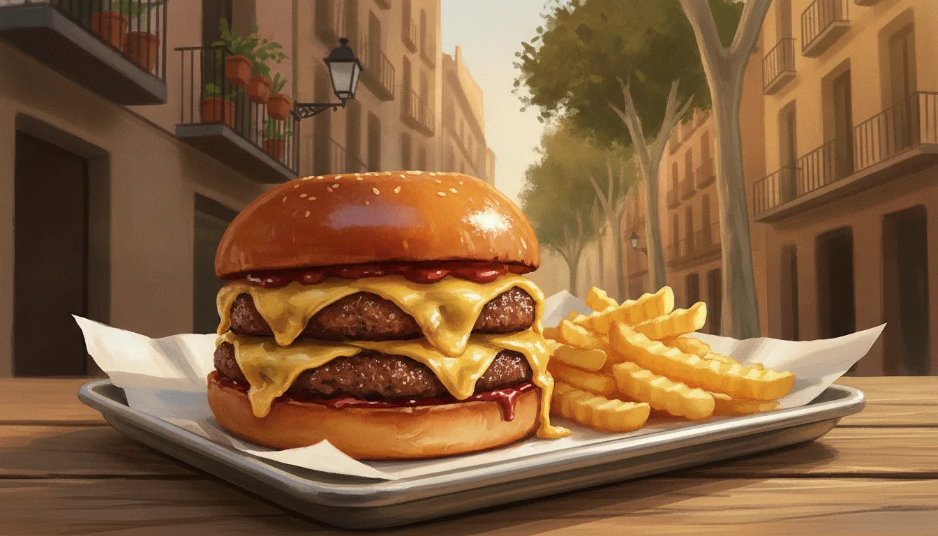 A juicy double smash burger with melted cheese on a butcher-paper-lined tray, with the Barcelona skyline suggested in the background