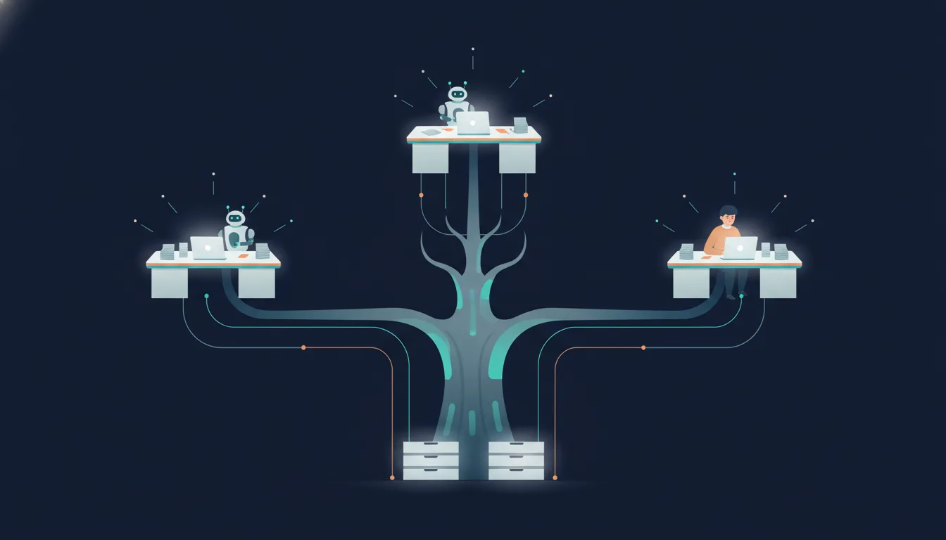 A flat illustration of one tree trunk splitting into three branches, each holding its own lit desk with a laptop: robot assistants work at two desks and a person at the third, and thin lines run from every desk back to a shared archive of drawers at the roots