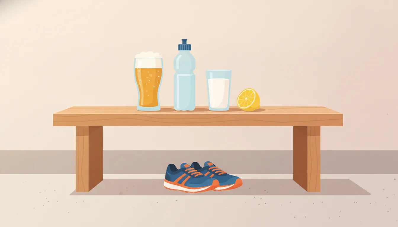 A frosty glass of alcohol-free beer next to a water bottle and running shoes after a workout
