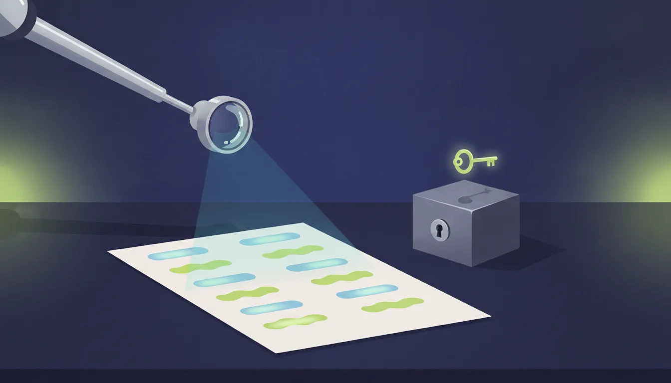 A robotic lens arm scanning a sheet of paper whose lines glow as abstract key-value rows, while beside it a locked strongbox stays shut and its glowing key floats outside the keyhole