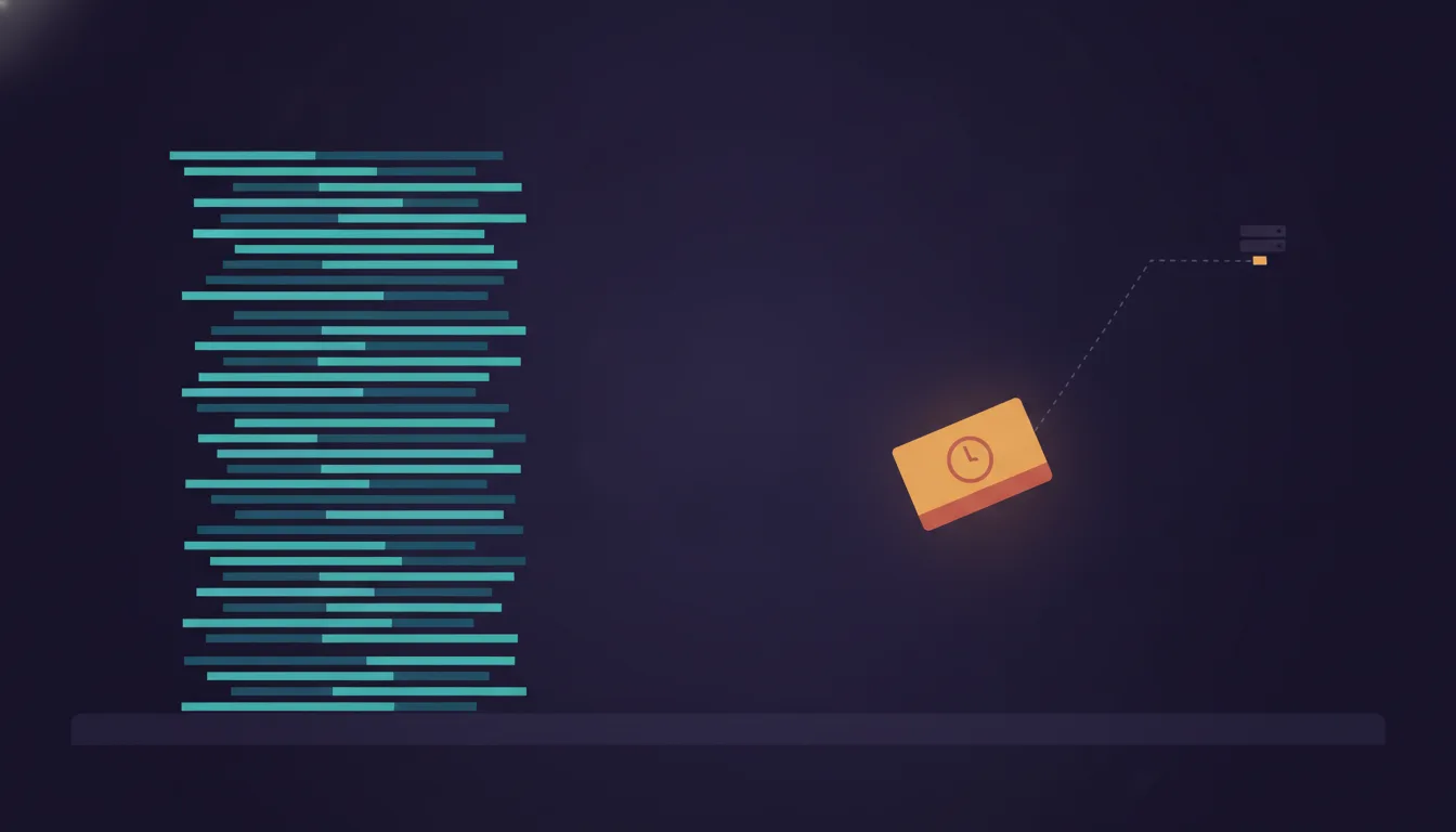 Two stacked file cards on a dark desk: a tall append-only log of repeated identical lines, and beside it a single small card stamped with a clock, connected by a thin dotted line to a distant server