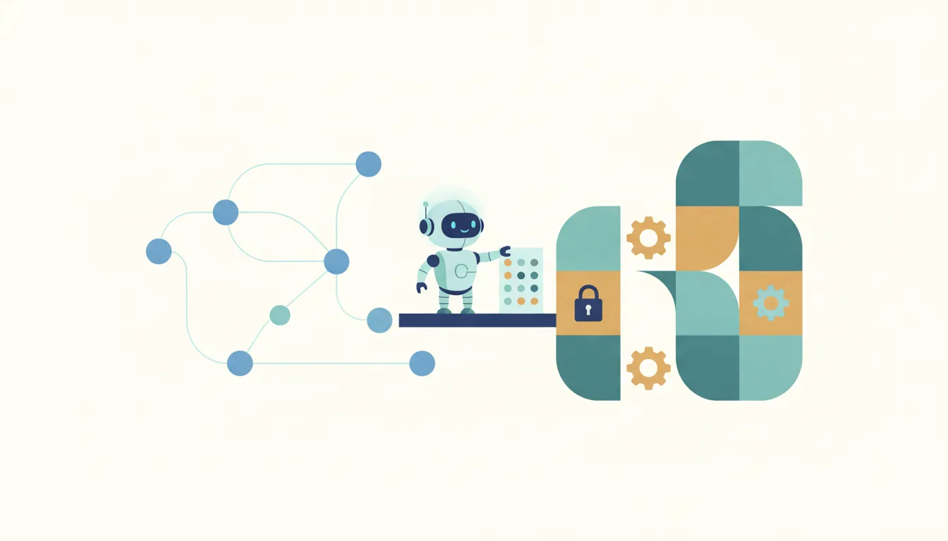 A flat illustration: on the left, a network of blue dots joined by thin lines; on the right, solid teal and amber blocks with gears and a padlock; in the middle, a small robot stands on a bridge between the two and presses a panel of buttons