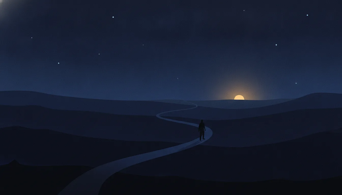 A lone figure walking a winding path through a dark indigo landscape toward a warm light on the horizon