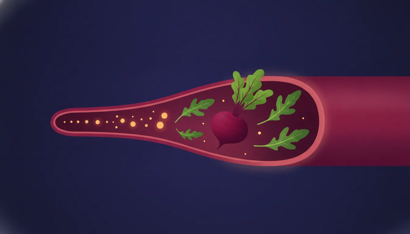 Illustration of a blood vessel seen lengthwise, narrow and pinched on the left and opening into a wide relaxed channel on the right, with glowing amber molecules, rocket leaves and a beetroot drifting through it