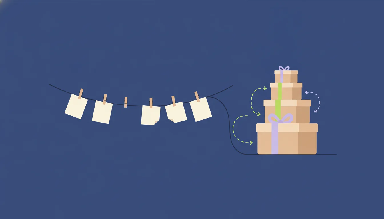 Paper notes pegged to a clothesline that leads down to a stack of four parcels; dotted arrows link the parcels to each other, and three of them wear a fresh ribbon