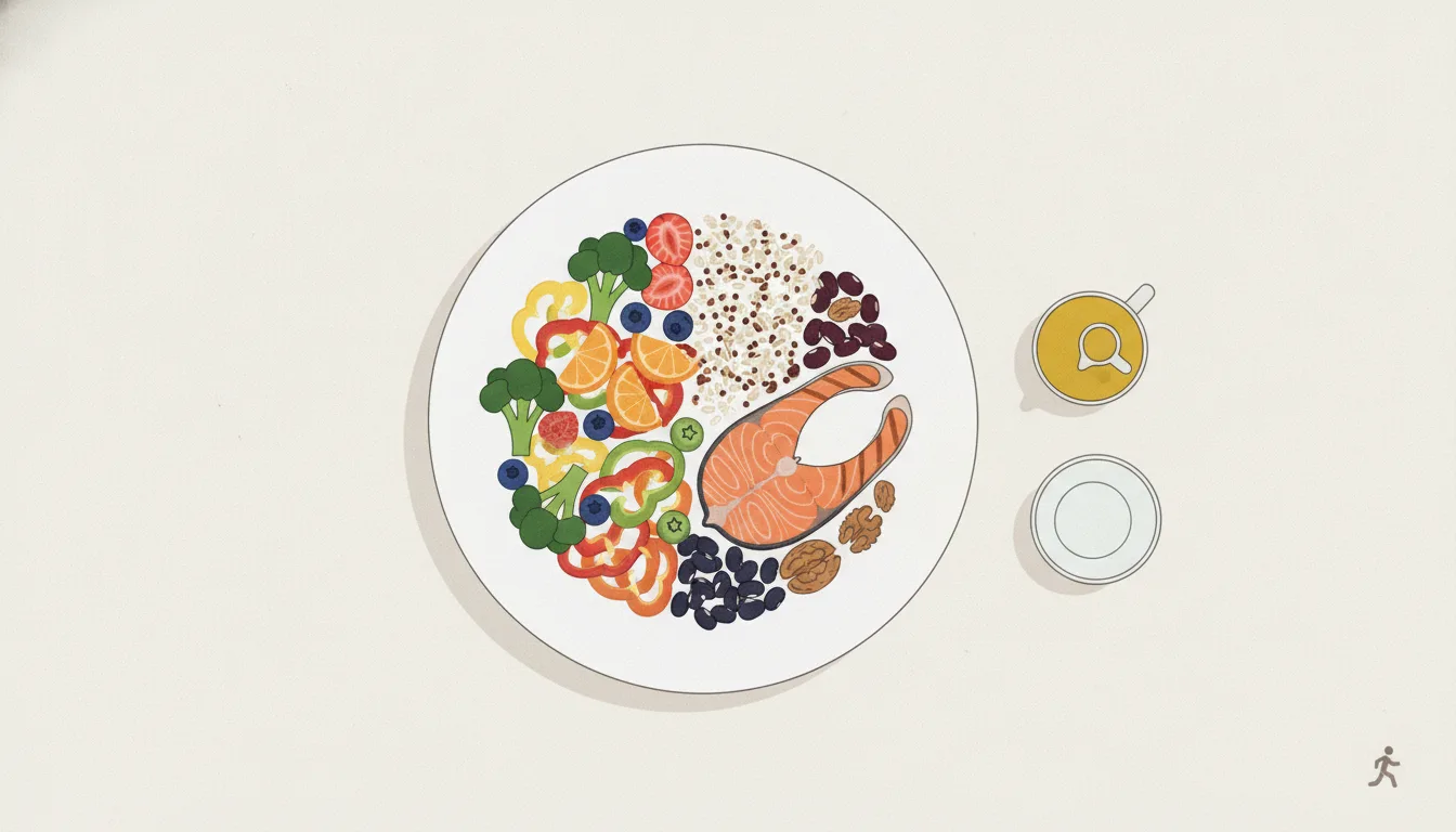 A healthy balanced meal plate seen from above: half vegetables and fruit, a quarter whole grains, a quarter healthy protein